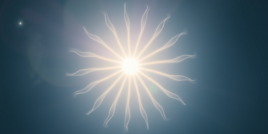 Create a high-quality image of a sun with radiant wavy rays, using a DSLR camera at f/8 aperture, ISO 100, 24mm lens, and a top-down view to emphasize details and clarity.