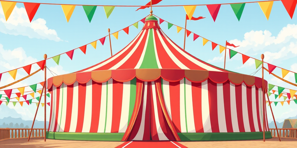 Create an illustration of a vibrant circus tent with red and green stripes, surrounded by colorful bunting, shot with a DSLR camera at f/8 aperture, ISO 100, 24mm wide-angle lens, and natural daylight to enhance image clarity and color saturation.