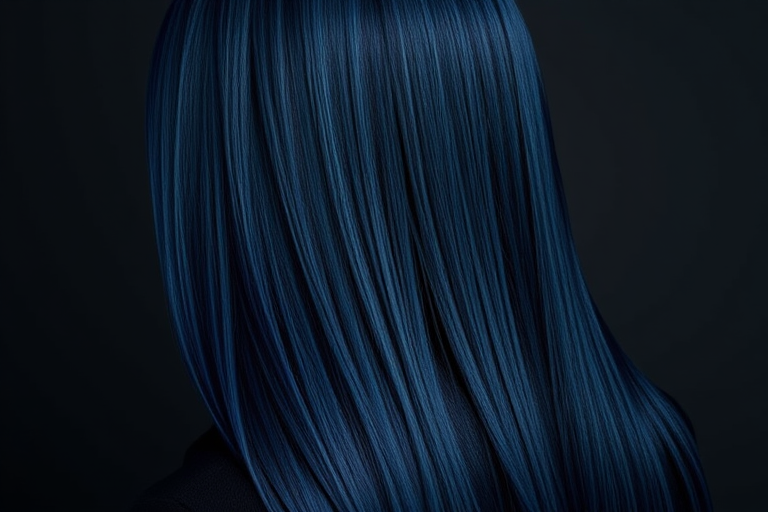 Enigmatic silhouette features Midnight Sapphire long hair, deep navy blue base with subtle lighter blue highlights, styled in sleek straight strands with an ultra-shiny finish