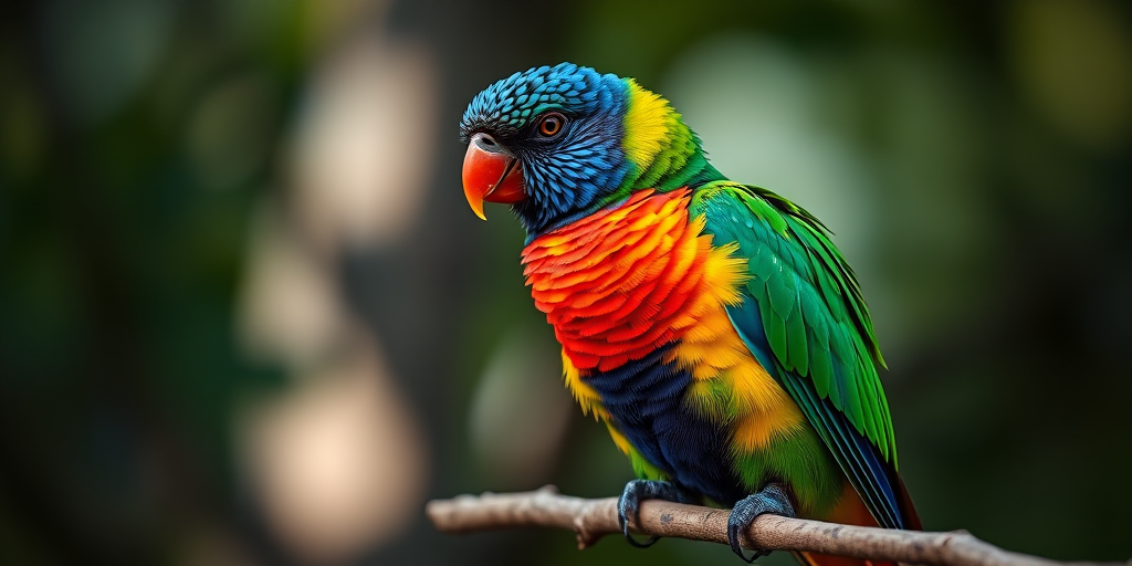 vibrant lorikeet perched on a branch with a blurred background, taken with a Canon EOS R5, 50mm f/1.2 lens, f/2.8 aperture, ISO 400, 1/200s shutter speed, natural light, shallow depth of field