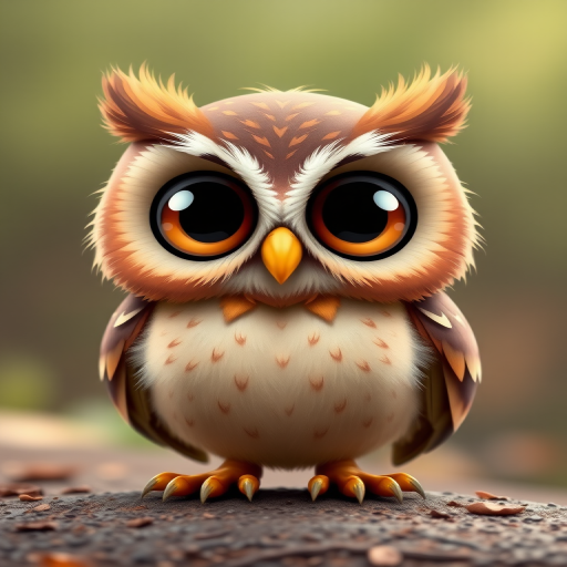 Create a high-resolution cartoon image of a cute owl with large eyes and a round body, using a DSLR camera shot at f/2.8 aperture, ISO 100, 50mm lens, natural lighting, and a soft focus background to emphasize the subject.