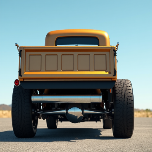 Generate a high-quality 3D render of a vintage hot rod pickup truck from a rear angle with a polished chrome exhaust and modern wheels, using a DSLR camera with a 50mm lens at f/1.8, ISO 100, and a shutter speed of 1/200 sec, in daylight with soft shadows and a clear blue sky.