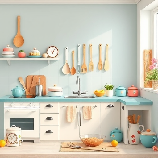 create a vibrant, high-resolution flat lay image of a whimsical kitchen scene featuring illustrated kitchen utensils, bakeware, and ingredients, using a 50mm lens, f/2.8 aperture, ISO 100, with soft natural lighting from a window, emphasizing pastel colors and playful design elements in a clean composition