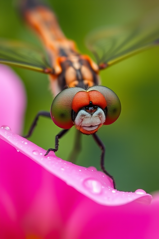 Close-up macro photograph of a dragonfly perched on a pink flower petal with dew droplets, using a Canon EOS 5D Mark IV with a 100mm f/2.8L macro lens, aperture f/4, shutter speed 1/200 sec, ISO 200, natural light, focus on the eyes and intricate details of the dragonfly.