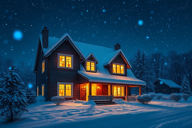 A cozy winter scene of a snow-covered house with warm yellow lights glowing from the windows, surrounded by falling snowflakes, set against a starry background with blue light orbs, shot with a DSLR camera at f/8 aperture, ISO 100, 24mm lens, panorama view, soft focus style.