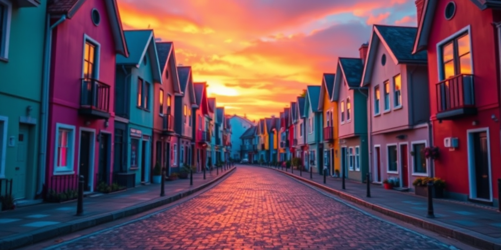 Generate a high-quality 3D rendering of a colorful neighborhood at sunset with stylized houses lining a cobblestone street, with warm orange and purple hues in the sky, using a DSLR camera, settings at f/8 aperture, ISO 100, 24mm focal length, and a low angle perspective for depth.