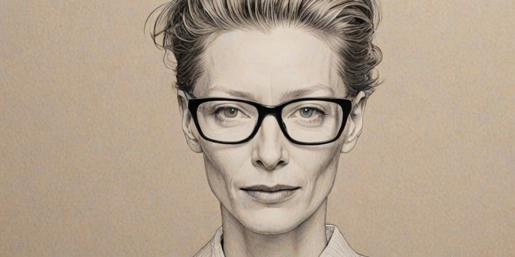 Fascinating Tilda Swinton, pencil sketch, portrait of Pleasing woman 1979s in glasses, hair style beatnik, outline, clear lines, fine lines, 8k