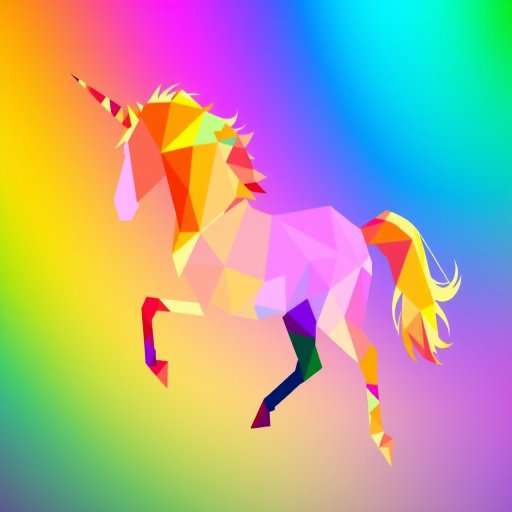 Regenerate a colorful polygonal unicorn silhouette with a vibrant rainbow effect, using a DSLR camera, 50mm lens, f/1.8 aperture, ISO 100, and a shallow depth of field for enhanced clarity and detail.