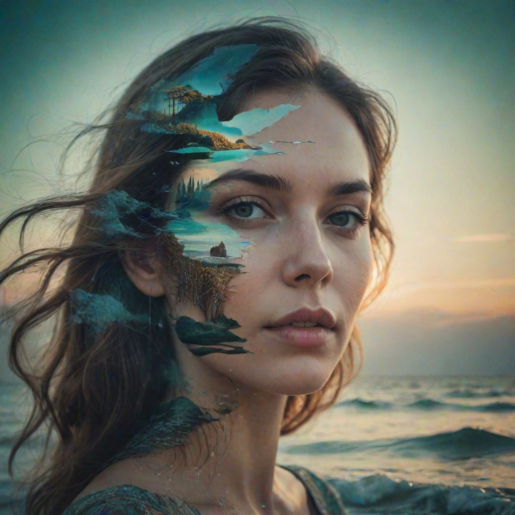 this photo is Book cover, A surreal double exposure portrait that blends a woman's face with a beautiful seascape. The overall mood is dreamy and mystical, with rich colors and intricate details