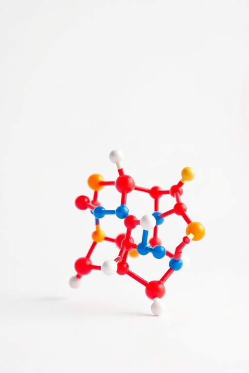 Create a high-resolution 3D molecular structure representation with bright colors emphasizing atoms, place the structure against a plain white background, use a DSLR camera with a 50mm lens at f/8, ISO 100, and a slight tilt shift to enhance depth of field.
