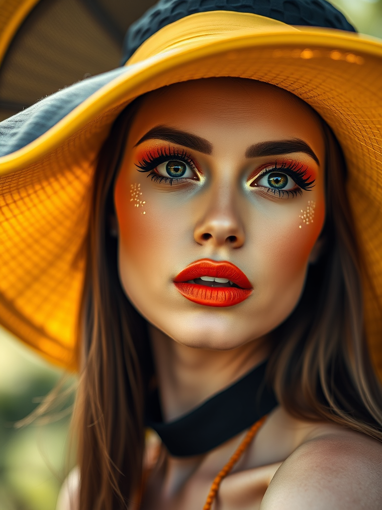 portrait of a woman with striking orange lips and dramatic eye makeup, wearing a large black hat with a yellow brim, captured with a 50mm lens at f/1.8, ISO 100, in natural light with soft focus background, using a Canon EOS R5