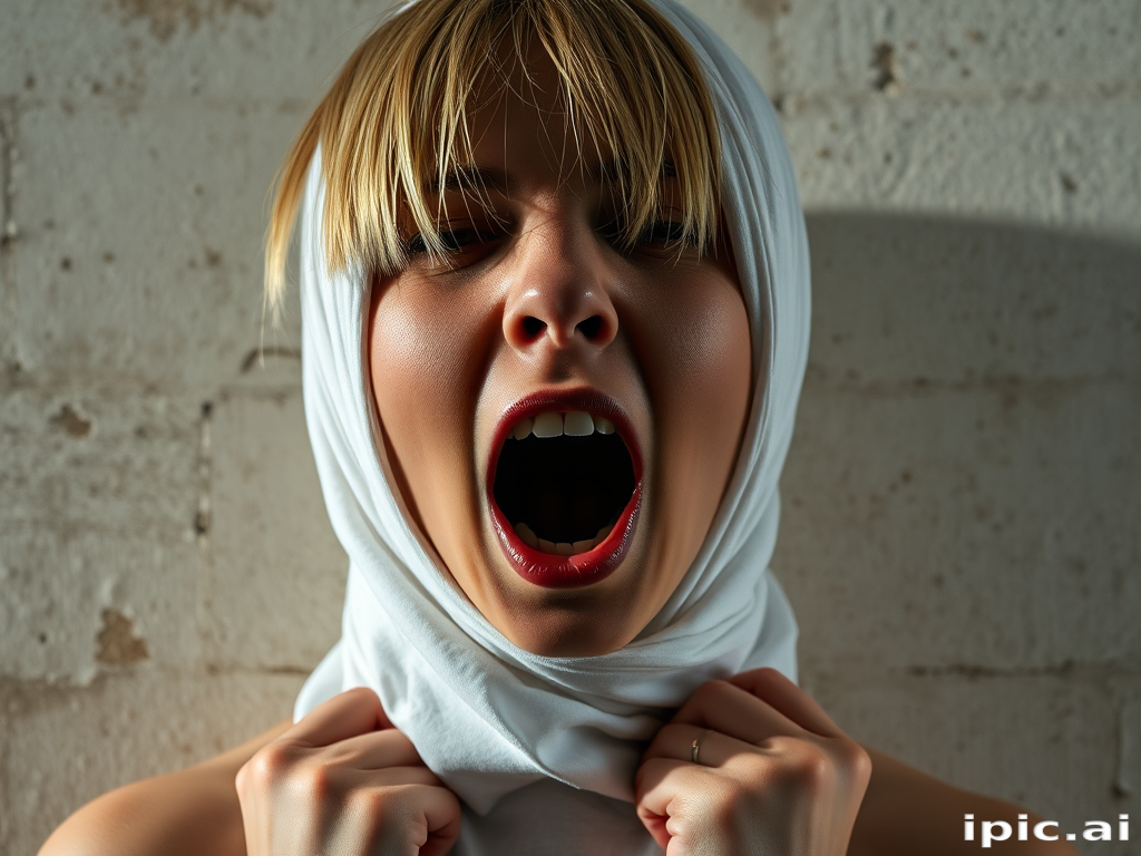 Create a close-up photographic image of the head and torso of a person with light skin tones shown against an old, worn wall. Their head is wrapped in a white cloth covering (i.e.... parts of the head except the nose and mouth, which are open as if they are screaming...), with a slight texture and visible folds in the fabric. Thin strands of blonde hair escape from the wrapping above, falling lightly at the top and sides. Their hands hold the fabric as if they are tugging nervously. The lighting is dramatic and even, casting strong shadows. The image has a minimalist and surreal style with an emphasis on simplicity with soft color tones. The composition is centered.