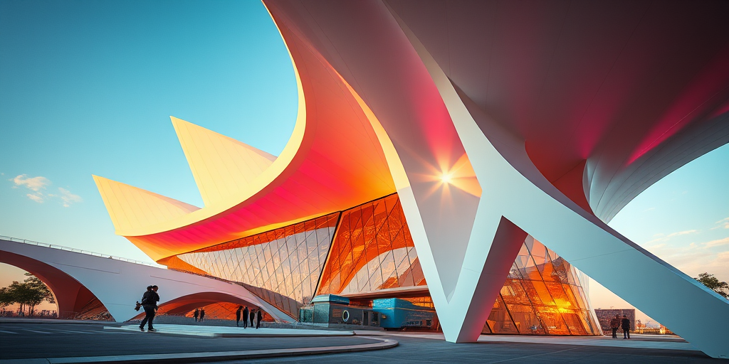 futuristic architectural structure, dynamic angles, high contrast lighting, vibrant colors, 35mm lens, f/8 aperture, ISO 100, shot in golden hour light, wide-angle view, captured with a DSLR camera