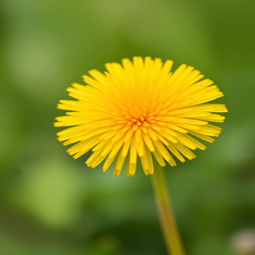 Capture a close-up of a vibrant yellow dandelion against a soft green background, using a DSLR camera with a 50mm lens, aperture f/2.8, ISO 100, and a shallow depth of field to enhance image quality and detail.