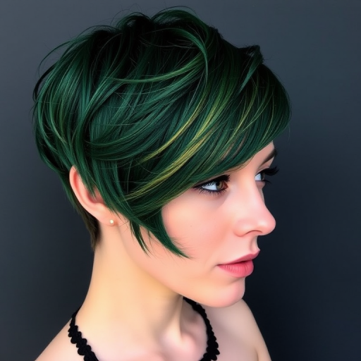 Deep emerald green pixie cut with long, side-swept bangs and metallic gold tips, creating a bold and enchanting forest nymph-inspired look named Sylvan Shimmer