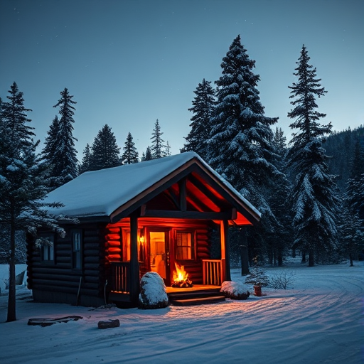 Quiet mountain cabin at dusk, a warm fire glowing inside, while a gentle snow begins to fall outside, coating the pine trees in white.