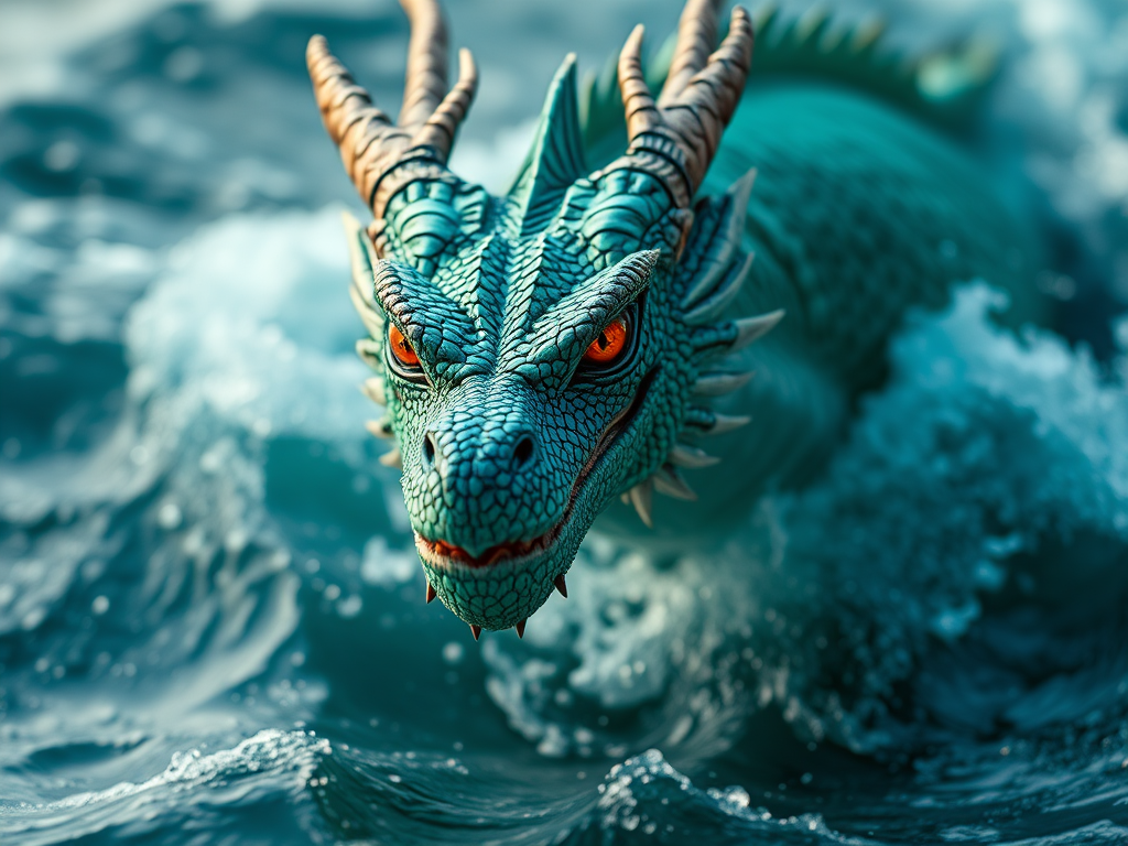Regenerate a high-resolution image of a dragon emerging from turbulent ocean waters, with vibrant turquoise and emerald scales, focus on intricate details of the dragon's face and fiery eyes, captured with a Canon EOS R5, using a 50mm f/1.2 lens, adjusted for low light conditions, with soft focus background to enhance depth and richness in texture.