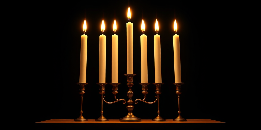 create a detailed illustration of a candelabrum with seven tall candles, soft lighting, high contrast background, use a Canon EOS R5, 85mm lens, aperture f/1.8, ISO 100, shot in a studio setting with a shallow depth of field to focus on the candelabrum