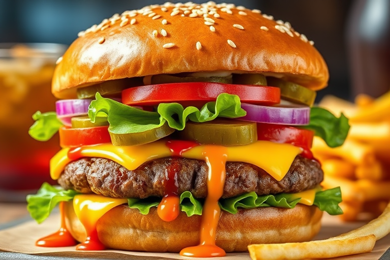 High-resolution, close-up image of a gourmet double cheeseburger. The burger features a glossy, sesame-seed-topped brioche bun. Inside, there are two thick, juicy beef patties, each topped with melted cheddar cheese. The burger is garnished with fresh lettuce, tomato slices, diced onions, and pickles. A generous amount of ketchup and a creamy, orange-colored sauce is dripping down the sides, adding to the mouth-watering appeal. In the background, there are blurred elements including a side of golden French fries and a hint of a beverage, enhancing the overall presentation of a delicious meal.