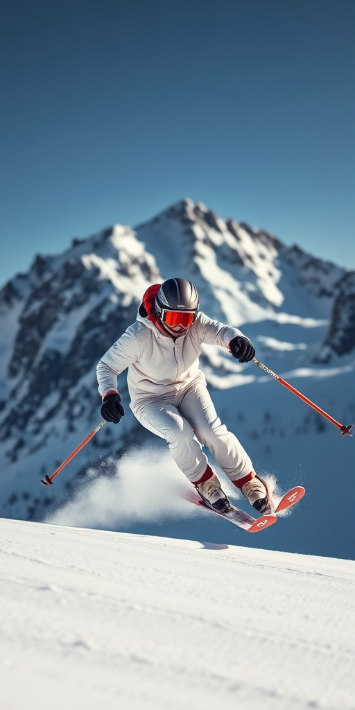 Generate a high-quality image of a skier in motion against a mountain backdrop, capturing dynamic poses and sharp details, using a DSLR camera with a 50mm lens, aperture f/2.8, ISO 100, and a shutter speed of 1/1000s, in portrait orientation for enhanced depth.