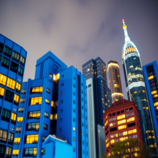 Create a vibrant city skyline at night with blue buildings and warm yellow windows, using a DSLR camera with a 50mm lens, aperture set to f/1.8, ISO 200, and a low-angle view to enhance depth.