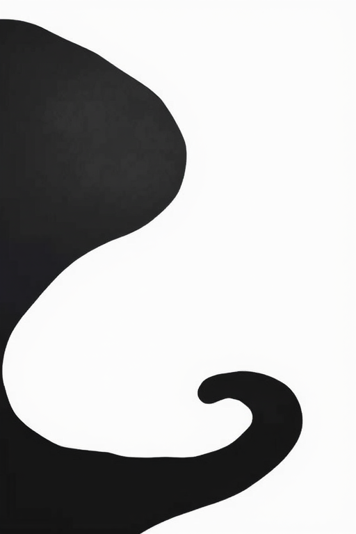 Create an abstract black shape on a plain white background, using a DSLR camera with a 50mm lens, aperture set to f/1.8, ISO 100, captured from a straight-on view with soft, diffused lighting to enhance detail and contrast.