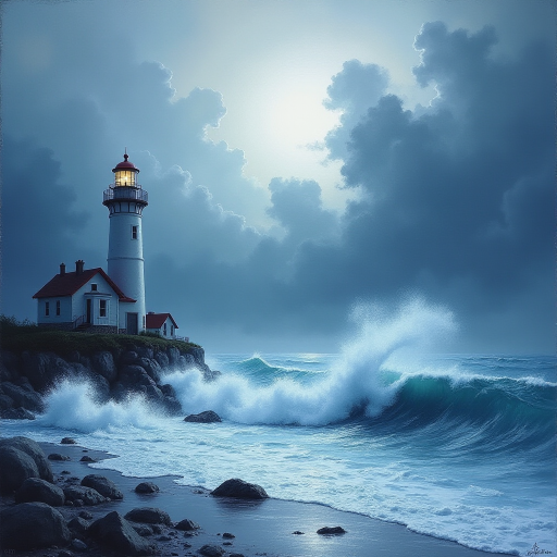A highly stylized white oil painting with texture of paint that adds depth and movement to the dramatic setting, with primary palette colours of White, light gray-white and Aqua. a lighthouse shining in the stormy night, with tall crashing foamy waves & sea mist around it. captured with dramatic brushstrokes, dramatic white brushstrokes to create depthand dimension with dramatic, cinematic effect. White light effects with moody storm clouds.
