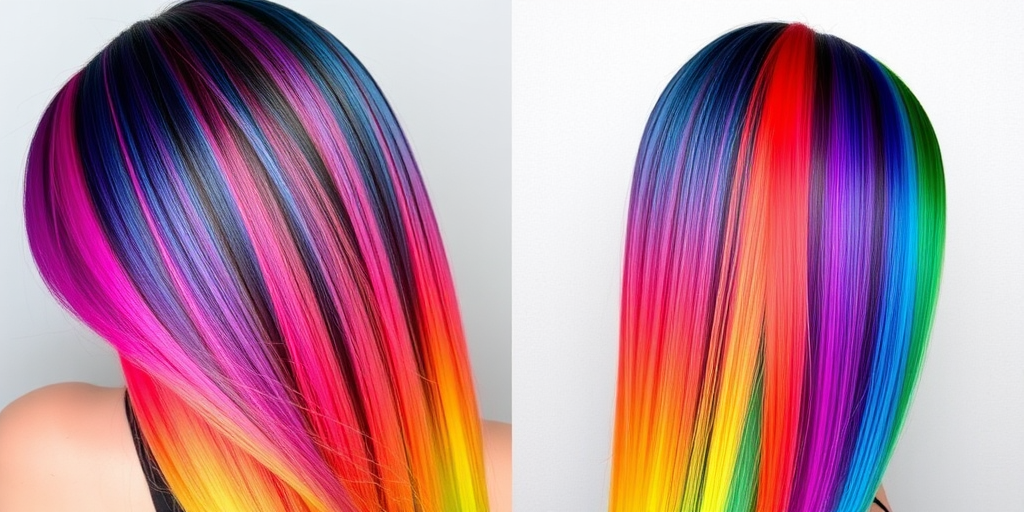 Vibrant rainbow hair dubbed "Prism Spectrum" featuring horizontal color blocking in all hues of the rainbow, styled straight and sleek for maximum impact