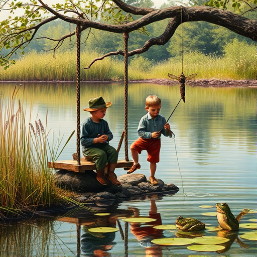 Imagine a small group of old fashioned young boys out fishing by the creek, a swing hanging from a tree branch, reeds and grasses by the water's edge, a frog sitting on a lily pad, dragonflies hovering over som water plans, a very iconic old fashioned scene reminiscent of a Norman Rockwell painting style