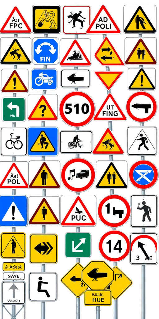 Regenerate a high-resolution image of various road signs including warning signs in a grid layout, using a DSLR camera with a focal length of 50mm, aperture set to f/8, ISO 200, taken from a straight-on perspective with a clean background to enhance visibility and clarity.