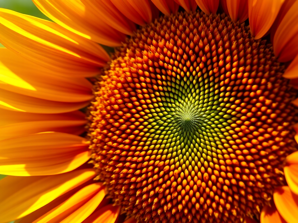 Close-up of a vibrant sunflower with intricate details of the petals and seeds, natural sunlight, f/2.8 aperture, 50mm lens, ISO 100, soft focus background, shot with a DSLR camera for high clarity and rich colors.