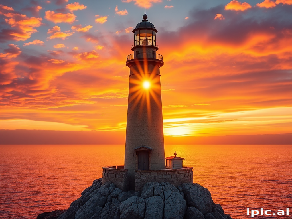 Generate an image of a tall lighthouse perched on a rocky outcrop surrounded by calm ocean waters during a breathtaking sunset. The lighthouse stands sturdy and weathered, its stone surface illuminated by the warm golden light of the setting sun. The sun's rays pass directly through the glass lantern room at the top of the lighthouse, casting a brilliant light across the scene. The sky is painted with vibrant shades of orange, pink, and purple, reflecting off the tranquil sea. The surrounding water shimmers with the same warm hues, creating a serene and majestic atmosphere.