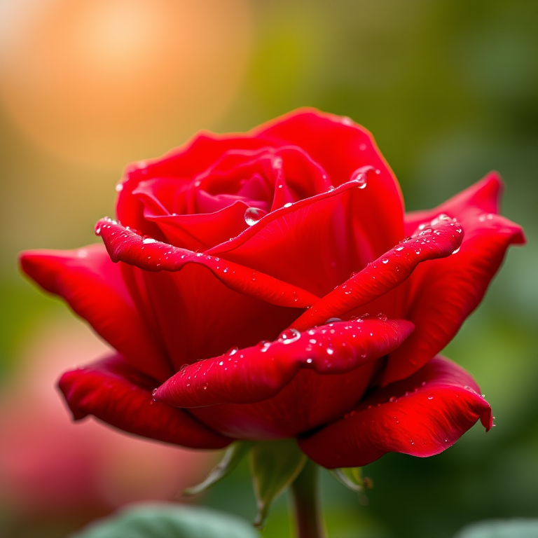 Close-up shot of a vibrant red rose with dewdrops, soft bokeh background, aperture f/2.8, ISO 100, shutter speed 1/200s, taken with a DSLR camera using a macro lens.