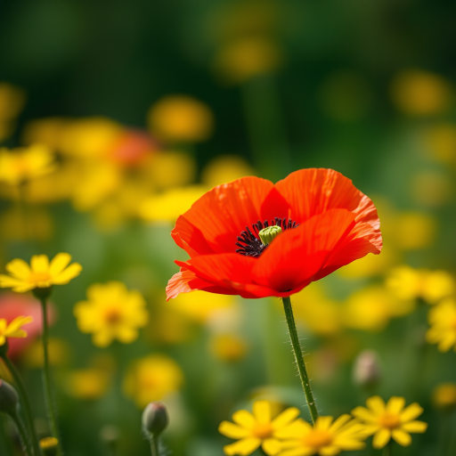 Capture a detailed close-up of a vibrant red poppy surrounded by a blurred field of yellow flowers, using a DSLR camera with a 50mm f/1.8 lens at f/2.8, ISO 100, and a shallow depth of field to create a soft bokeh effect, in natural lighting.