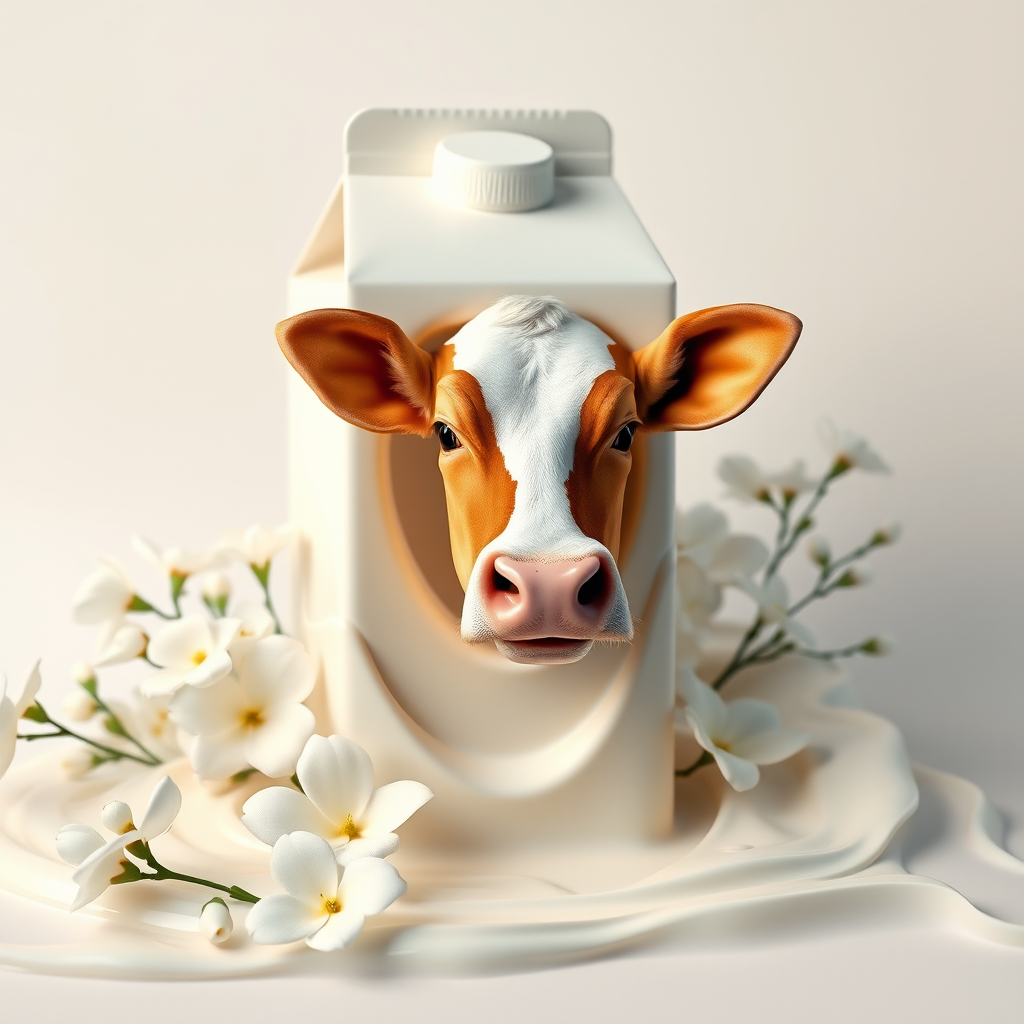 Create a hyper-realistic 3D rendering of a milk carton with a cow's head emerging from it, surrounded by soft white flowers and creamy textures, using a 50mm lens, f/1.8 aperture, ISO 100, in a studio setting with softbox lighting.