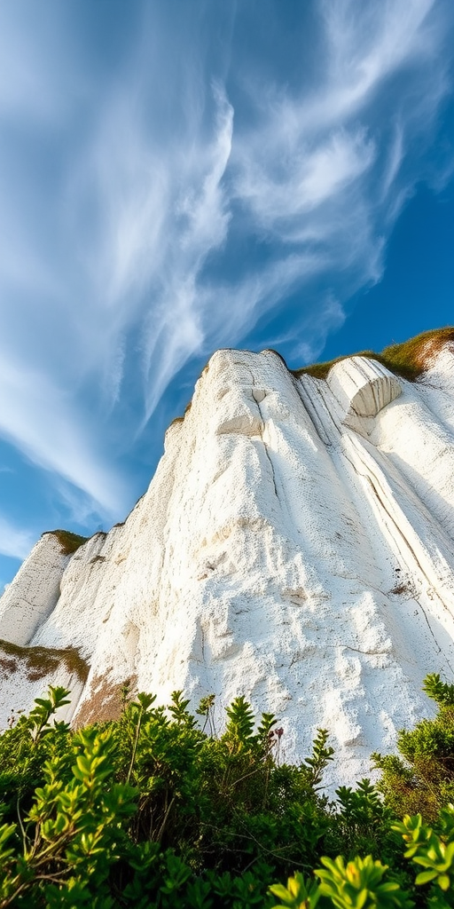 Capture a high-resolution image of a white chalk cliff under a blue sky with wispy clouds, using a wide-angle lens at f/8, ISO 100, 1/200s, with a low-angle perspective to emphasize the height and texture of the cliff and surrounding greenery.