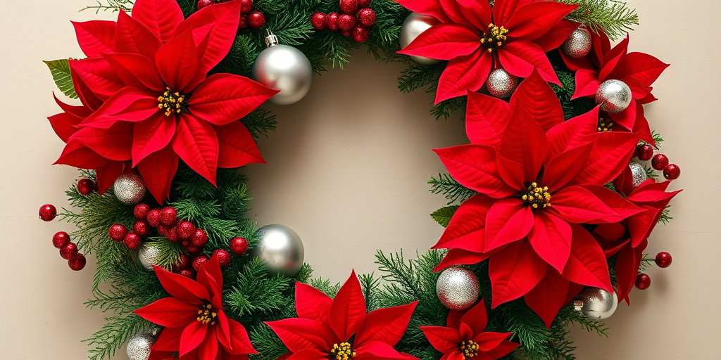 Create a vibrant Christmas wreath featuring red poinsettias, silver ornaments, and green foliage against a neutral background, shot with a Canon EOS R5 at f/2.8, ISO 100, 50mm lens, top-down view, with soft natural lighting to enhance details and colors.