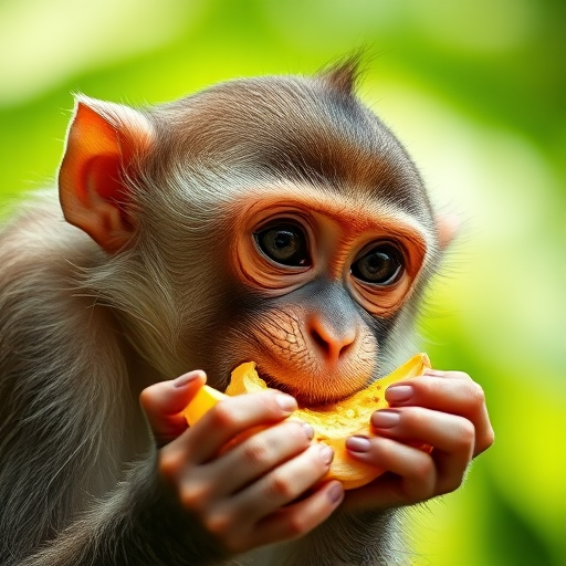 Capture a close-up of a monkey eating fruit, with shallow depth of field, 85mm lens at f/1.8, ISO 200, natural light, focus on the monkey's facial expression, with a blurred green background.