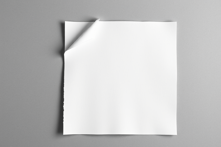 Create a high-resolution image of a blank sheet of paper with a slight curl at the top corner, using a 50mm lens, f/1.8 aperture, ISO 100, and soft lighting, with a top-down view and a digital camera style.