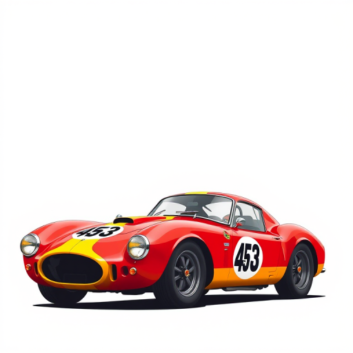 Create a high-resolution illustration of a classic racing car with a red and yellow color scheme and the number 453, captured in a three-quarter view using a DSLR camera at f/8, ISO 100, and a shutter speed of 1/250 sec, emphasizing sharp details and smooth curves against a clean, white background.