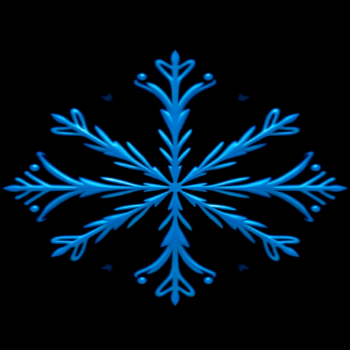 Create a high-resolution digital illustration of a symmetrical snowflake design on a solid black background, using a Canon EOS R5 camera with a 50mm f/1.8 lens, at ISO 100, aperture f/2.8, and a shallow depth of field, emphasizing vibrant light blue gradients for added depth and texture.