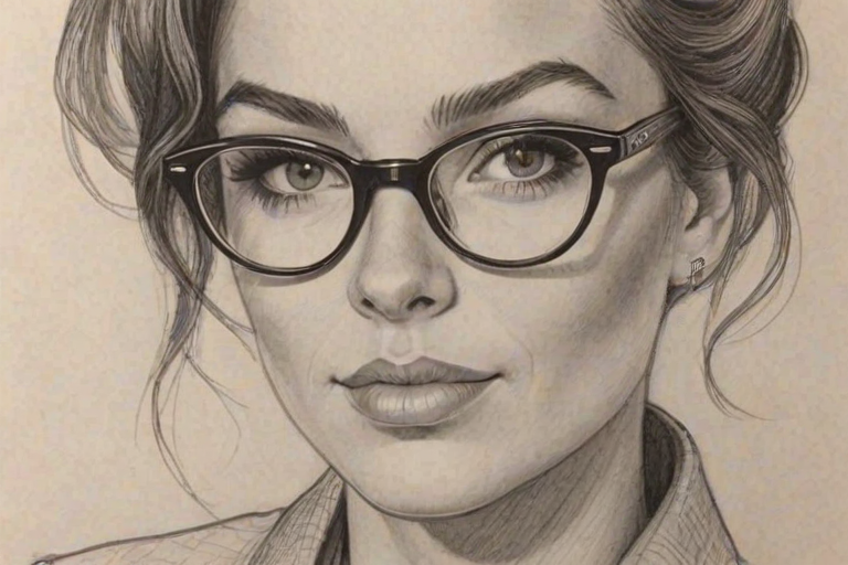 Bewitching Lilia Buckingham, pencil sketch, portrait of Superb woman 1965s in glasses, hair style beatnik, outline, clear lines, fine lines, 8k