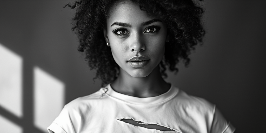Generate a portrait of a woman with textured hair wearing a creatively torn white T-shirt, shot in black and white with a 50mm f/1.8 lens, aperture set at f/2.8, ISO 100, natural light from a softbox to enhance shadows and details, with a shallow depth of field to focus on her expression.