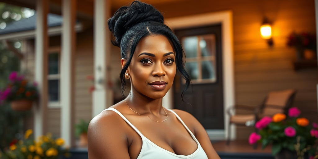 A photo of Taraji P. Henson with a background of a cozy porch. She has dark hair pulled back in an updo, with tendrils framing her face. She wears a white tank top and sits on the porch. The porch is part of a well-lit home with a warm, earthy tone and colorful flowers and foliage. The overall scene has a warm, welcoming, and comfortable ambiance.