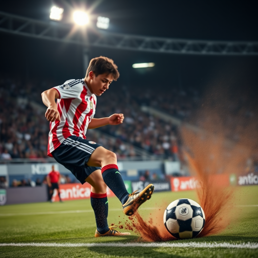 Blurry action shot of a soccer player kicking a ball mid-game, intense focus on their face, dirt flying up from the field, the crowd in the background cheering, stadium lights casting harsh shadows on the field, focus on the movement of the ball.