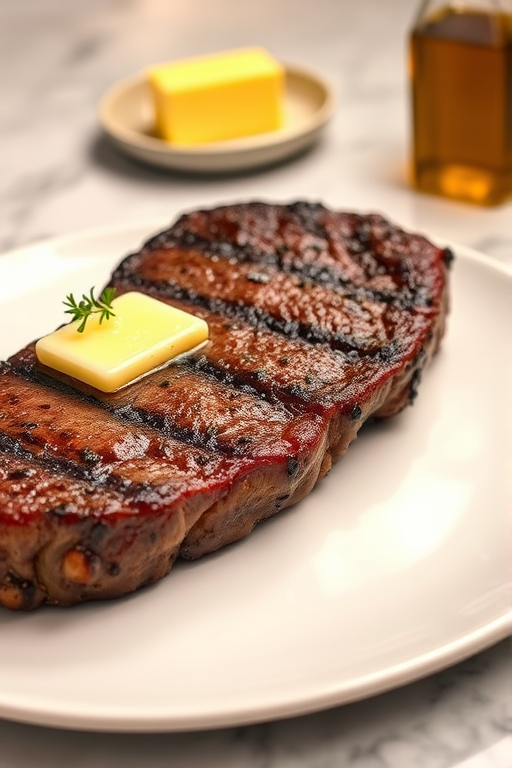 Create an image of a perfectly seared ribeye steak, resting on a white plate with a pat of melting butter on top. The steak is seasoned with fresh herbs like thyme and parsley, with glistening juices highlighting the texture of the meat. The background features a soft focus on a light, marble countertop, with a small dish of butter and an olive oil bottle in the distance. The overall mood should be warm and inviting, capturing the deliciousness and juiciness of the steak.