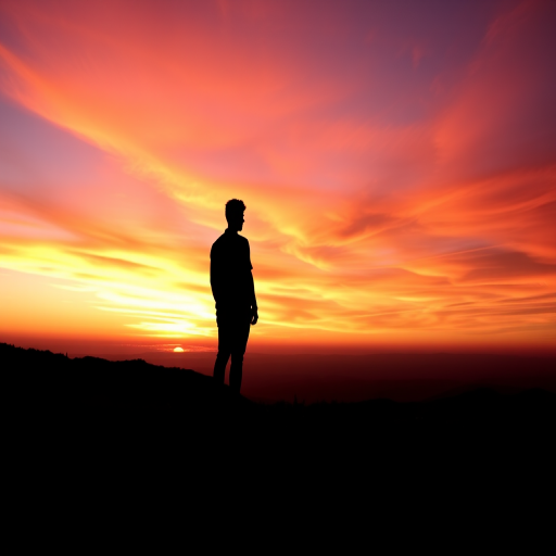 Create a high-resolution black silhouette of a person standing on a hill during sunset with vibrant orange and purple sky, using a DSLR camera, 35mm lens, f/8 aperture, 1/250 sec shutter speed, ISO 100, shot in landscape orientation.