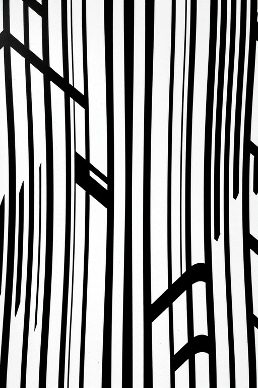 Generate an abstract black and white pattern featuring geometric shapes and lines with high contrast, taken with a DSLR camera at f/8 aperture, ISO 100, 1/125 shutter speed, top-down view, using a macro lens for detailed texture.