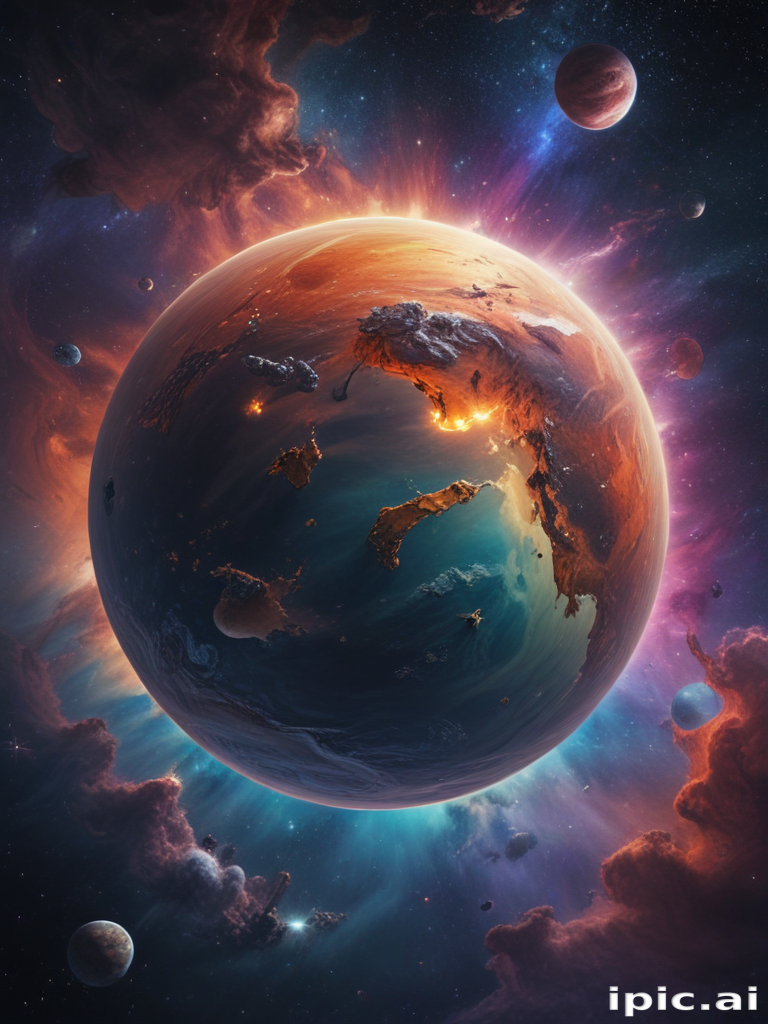 Vibrant Cosmic Scene Showcasing a Fiery Planet Amidst Celestial Wonders