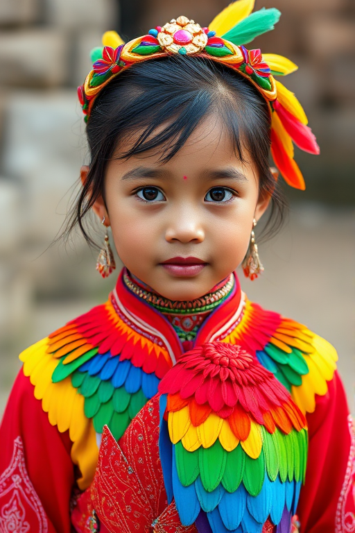 A beautiful Cambodian girl, wearing colorful bird clothing with vibrant colors